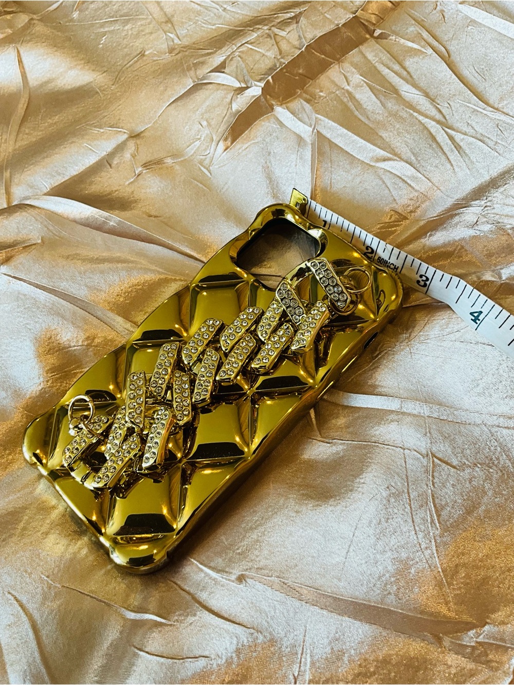 Gold Quilted Rhinestone Chain Phone Case - Compatible I Phone 12 Accessory - Picture 5 of 9